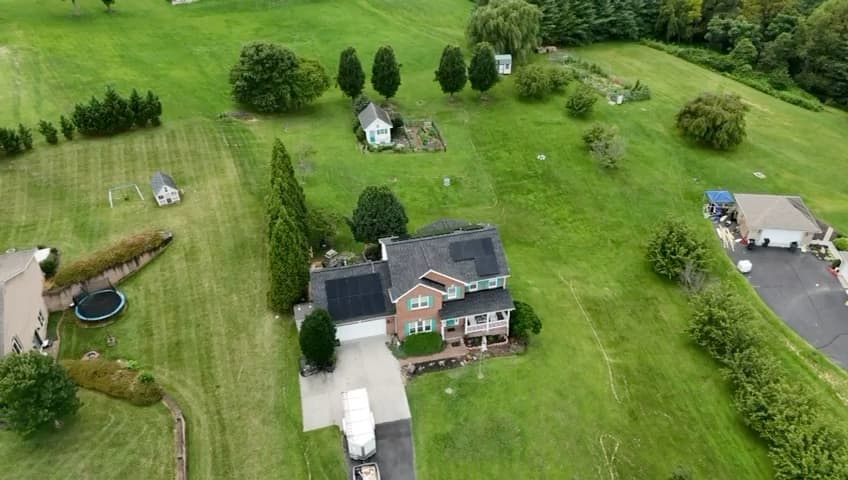 Residential rooftop solar project viewed during a drone flight
